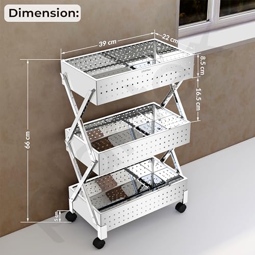 Image of Plantex 3-Tier Vegetable Rack for Kitchen Trolley /Basket for Kitchen Storage /Stainless Steel Multipurpose Storage Fruit,Onion, Potato Storage Stand /Heavy Duty Rolling Utility Cart-(Chrome)