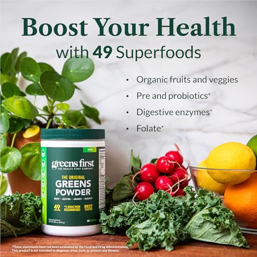 Greens First Original Greens Powder - 49 Superfoods - Organic Fruits & Veggies - Prebiotics, Probiotics & Digestive Enzymes - Antioxidant Smoothie - Dairy Free, Vegan, Non-GMO (Chocolate, 30 Servings) - Image 4