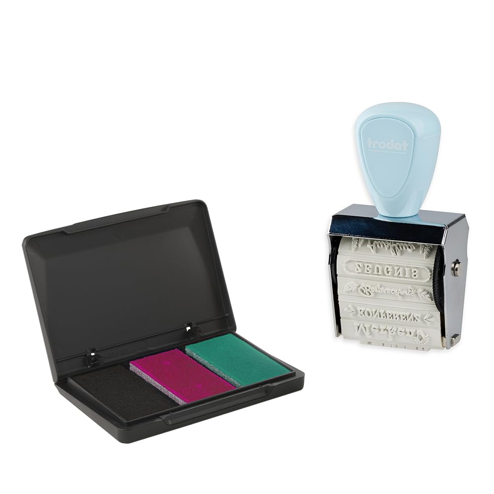 Trodat Creative Mini Stamp Set School Planner for Creative Design - 12 Imprints, German, Creative Stamp in Pastel Blue Including Ink Pad in Pink, Black, Green, 30 x 5 mm