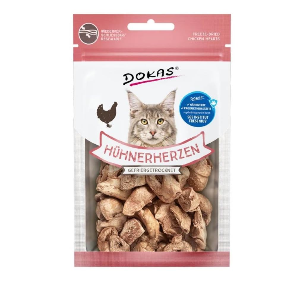 Dokas Liofilizowane serca kurczaka | 3 sztuki | 45 g | smakołyki dla kotów | dzięki liofilizacji zachowuje 100% naturalnych składników odżywczych