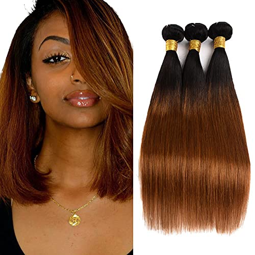 ZhengPu 1b/30 Ombre Bundles Straight Human Hair Two Tone Black to Brown Human Hair 3 Bundles Ombre Soft Brazilian Hair Bundles Virgin Hair Extensions Ombre Bundles Auburn(8 10 12)Inch