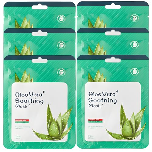 6-Pack Aloe Vera Sheet Face Masks Skincare for Sensitive Skin, Hydrating Korean Facial Mask for Soothing and Moisturizing, Face Mask Set for Women and Men