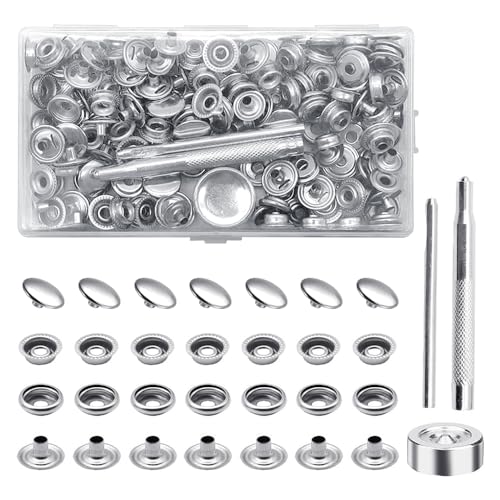 Aoyswuz 200 Piezas Botones Presión Inoxidable con Herramienta de Fijación, Botones de Presión Metálicos Para Coser Jeans de Cuero - Plateado, 15mm