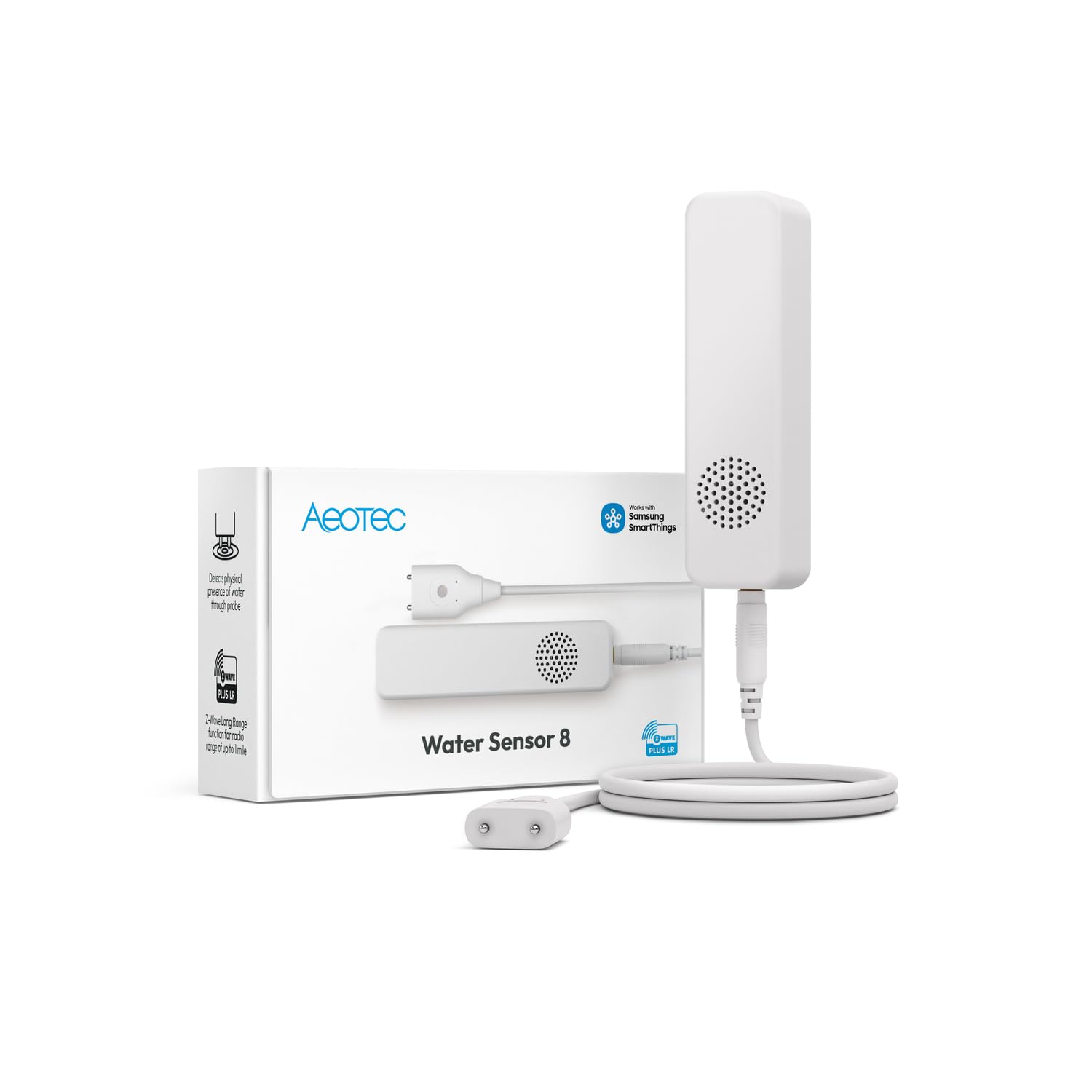 Aeotec Water Sensor 8 | Z-Wave 800, Long Range | Wasserleck, Temperatur & Luftfeuchte | Schimmelwarnung & Taupunkt | Waschmaschine, Keller & Bad | Home Assistant, SmartThings