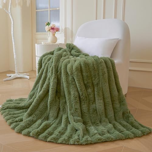 MEGO Fluffy Faux Rabbit Fur Throw, Cozy Wide Stripe Plush Fuzzy Blanket for Bed Couch Sofa Chair, Moss Green Shaggy Throw Bedroom Living Room, Furry Blanket for Kids Girls Adults, 50x60, Sage Green