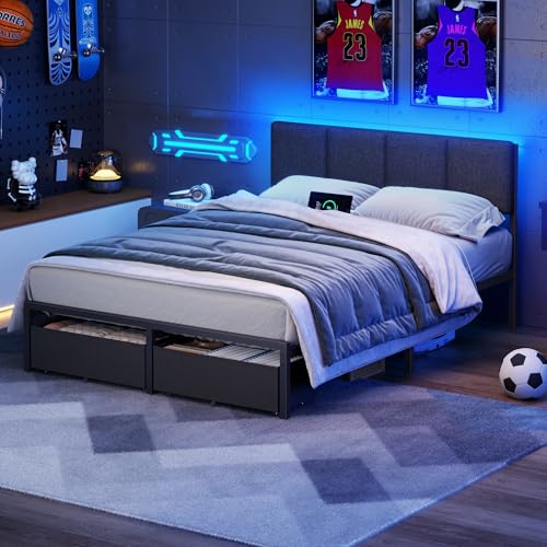 Image of Furnulem Full Size Bed Frame with Headboard, Upholstered Full Bed Frame with LED Light, USB Charging Station, Platform Bedframe with 2 Fabric Underbed Storage Drawers, No Spring Box Needed
