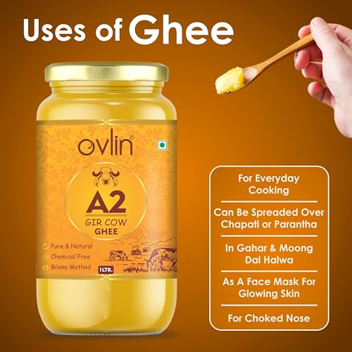 Image of Ovlin A2 Gir Cow Ghee | Traditional Bilona Method | Hand Churned Gir Cow Milk | Pure & Natural Desi Cow Ghee | Chemical Free | Rich Aroma & Taste | Ideal for Cooking & Daily Nutrition (2L)