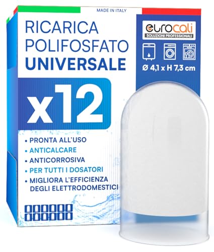 Ricarica Polifosfato in Polvere per Caldaie Lavatrici ed Elettrodomestici Universale 1/2' 4,1x7,3cm per Filtro e Dosatori Protezione Anticalcare e Anticorrosiva - Confezione da 12 Ricariche