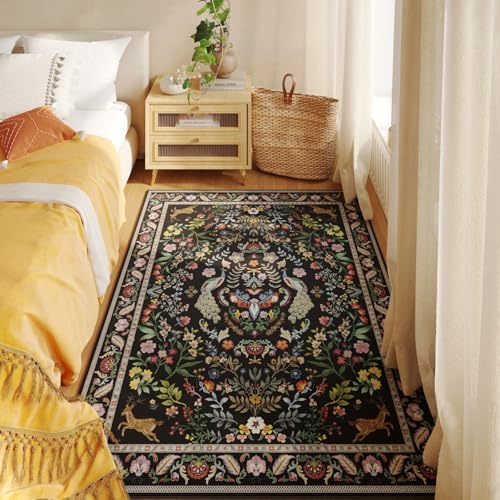 3x5 Rug Washable Area Rug Floral Office Rug Non Slip Small Carpet for Bedroom, Bedside, Kitchen, Entryway, Kids Room, Office (Vibrant Black)