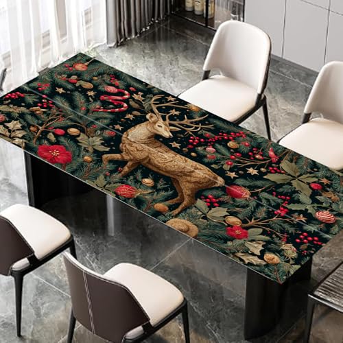 Image of Christmas Deer Forest Desktop Sticker 39.37x23.62In, Vintage Embroidery Style Desk Decal, Easy Clean Table Surface Sticker, Elegant Holiday Decor