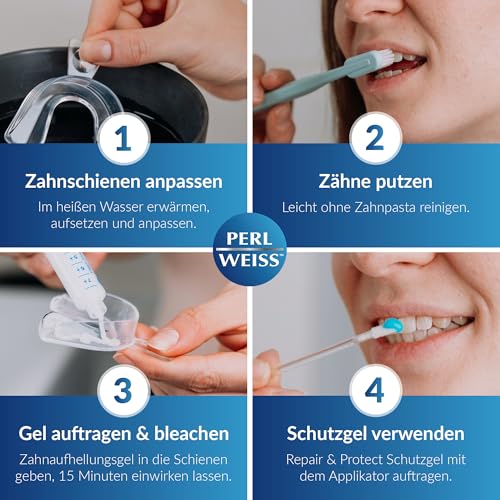 PERLWEISS Dental Bleaching Zahnaufhellung Set - bis zu 8 Stufen weißere Zähne in 7 Tagen - Zähne aufhellen ohne Wasserstoffperoxid - professionelles Zahnbleaching mit Soforteffekt