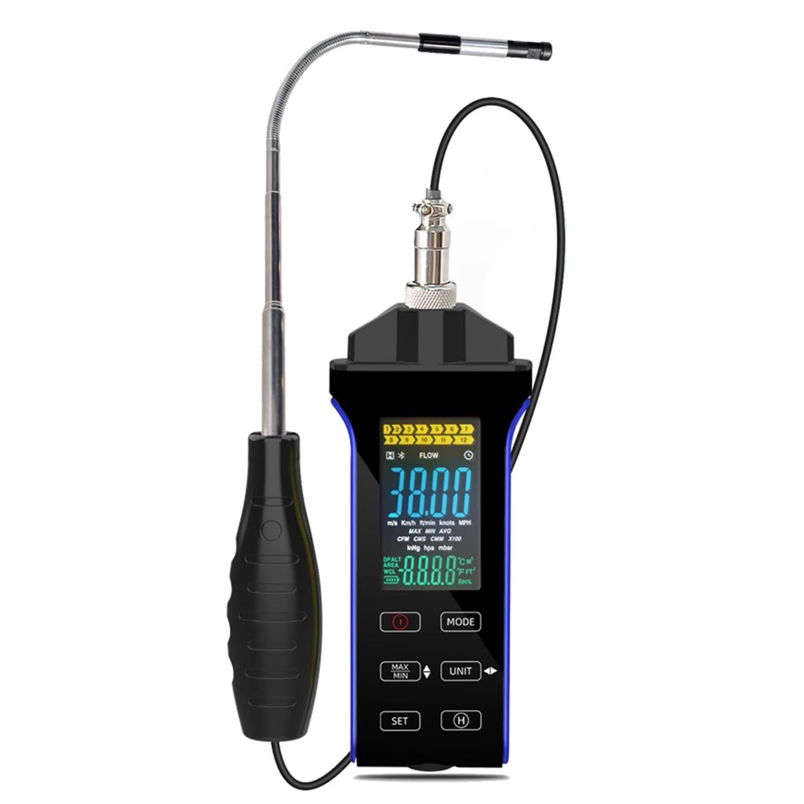 Anemómetro De Hilo Caliente, Medidor Digital De Velocidad del Aire CFM/CMM, Velocidad del Viento (0,1-30 M/s) Y Temperatura, con Sonda Telescópica Y Pantalla LCD Retroiluminada