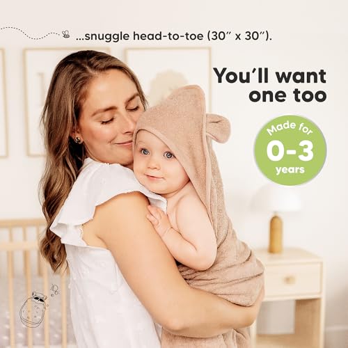 Image of KeaBabies 2-Pack Hooded Baby Towels for Newborn - 30x30 Soft & Absorbent Viscose from Bamboo Baby Bath Towels with Hood for Infant, Toddler,Kids,Boys Girls,Newborn Bath Essentials (Almond, Petite)