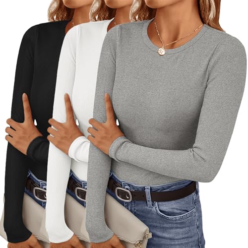 Ekouaer Maglietta Termica Donna da 3 Manica Lunga Girocollo Intimo Termico Maglia Inverno, Nero + Bianco + Grigio, S