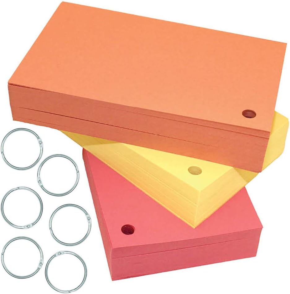Debra Dale Designs - 300 - Three Colors - 100 Cherry, 100 Yellow, 100 Salmon - Blank 3" X 5" Standard Smooth Finish 110# Index Cards Note Cards - Single Hole Punched With Six (6) Metal Binder Rings