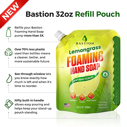 Bastion Foaming Hand Soap - 32Oz Antibacterial Foam Hand Wash Refill Pouch, Bath And Body Works, Dial, Method, Michel, Jr Watkins, Dove - Lemongrass Fragrance W/Essential Oils #TOP3