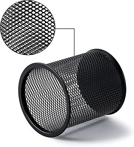 Image of GLUN Round Black Mesh Metal Desk Pen, Pencil and Other Stationery Organiser Holder, Use at Office, School and Home Pack of 5