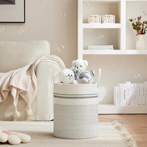 Image of VIPOSCO 53L Tall Woven Rope Laundry Hamper, Leather Handles, Stripe White