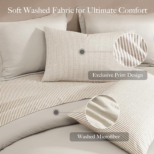 Image of Monbix Full Size Comforter Sets-7 Pieces Soft Bed in a Bag Full Bedding Set | All Season Beige Prewashed Comforter Bed Set with Striped Sheets, Pillowcases & Shams