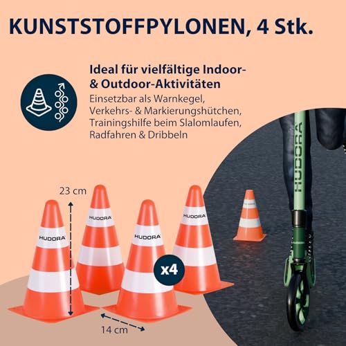HUDORA Pylonen - 4 Stück - Stapelbare Verkehrskegel in Orange/Weiß - Hochwertige Verkehrshütchen - 23 cm hoch & 14 cm breit - Markierungskegel für Slalom, Radfahren, Dribbeln