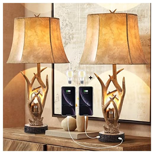 Dungoo Rustic Western Deer Table Lamps with Nightlight Set of 2, 26" Rustic Bedside Lamps for Bedroom with 2 USB Ports, Natural Antler Table Lamp for Christmas Living Room Foyer Office