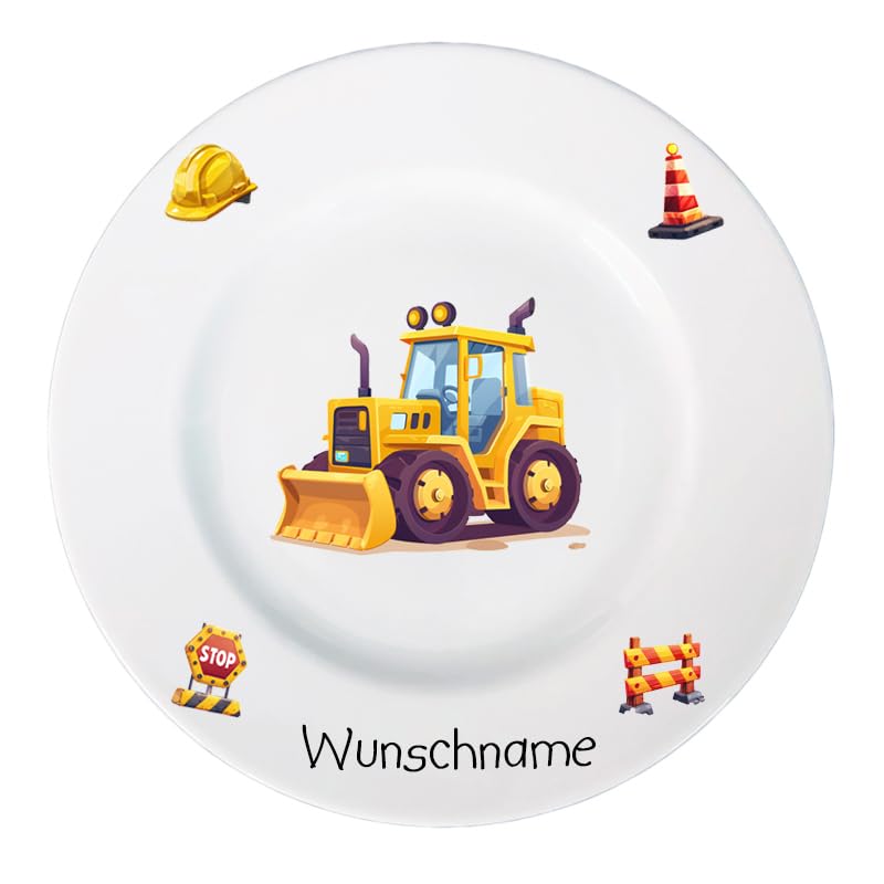 Kindergeschirr personalisiert - Frühstücksservice 3-tlg. Porzellan Teller Becher Schale personalisierbar mit Wunschname Name Frühstücksset mit Namen personalisiert (Radlader)