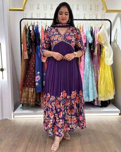 Image of KD Floral Printed Georgette Anarkali Suit for Women | Anarkali Kurta Set with Dupatta, Long Sleeve Kurti | Elegant Georgette Suit for Women Ethnic Kurti with Pant Asymmetric Hemline
