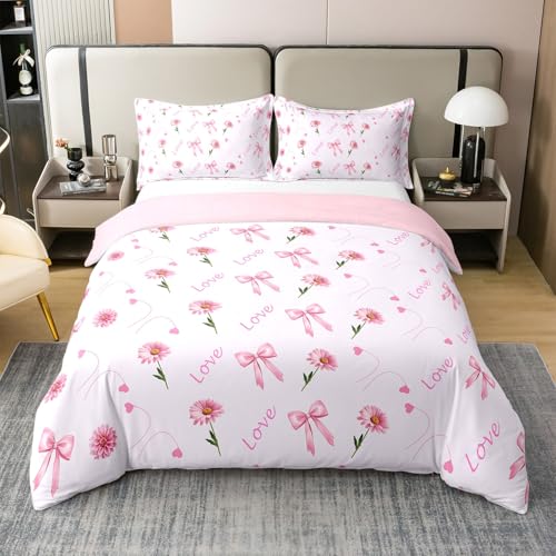 100% Cotton Girly Pink Duvet Cover Twin Size for Kids,Watercolor Bowknot Flowers 2 Pieces Duvet Cover,Dreamy Couple Lover Bedding Comforter Cover (Not Comforter),Cute Love Hearts Quilt Cover