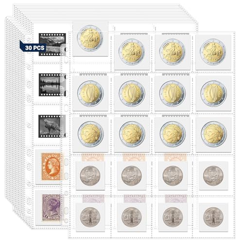Image of 600 Pockets Acid Free Coin Sleeves, Non Stick and Non Glare, Fit for Coin Flips 2x2 inch, 3 Ring Binder Sleeves Clear Plastic Stamp Collecting Supplies, 30 Pack