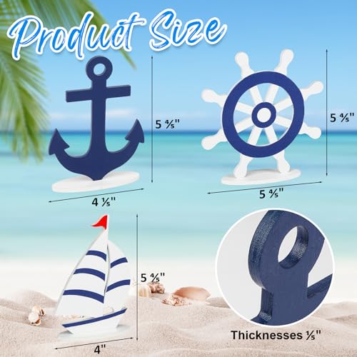 COCHIE Wooden Summer Nautical Decor Set of 3, Double-Sided Anchor Sailboat Tiered Tray Decorations, Wood Cruise Ship Wheel Sign for Tabletop, Home, Desk, Shelf, Party Decoration