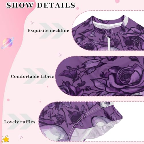Girls One Piece Swimsuits Long Sleeve Swimsuit Zipper Bathing Suits Purple Rose Skull Skeleton3