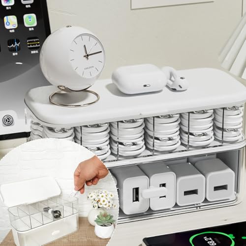 Image of ZORBES Cable Storage Box, Double Layer Clear Wire Organiser With Drawer | Sort Charging Leads and Stationery, Reduce Desk Clutter, Clear Body, Double Layer Compartments, After-Sales Support