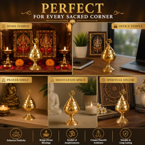 Image of Brass Pooja Diya with Om Top | Traditional Akhand Jyot Deepam, Temple Decor & Diwali Decoration, Brass Oil Lamp, 4.5 x 3 x 3 cm