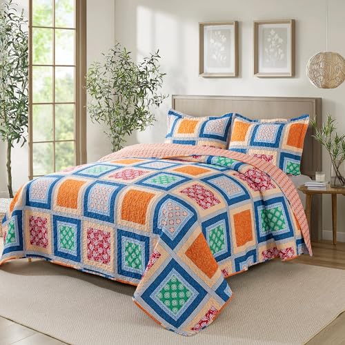 NEWLAKE Quilt Bedspread Sets - Bohemian Farmhouse Pattern Reversible Coverlet Set, Queen Size