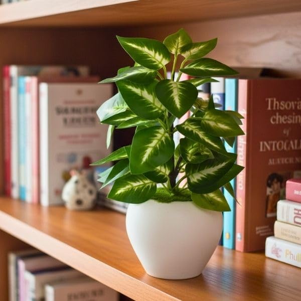 Image of fancymart Artificial Plant Leaves in Apple Pot (30 cm Height) | Small Potted Plant for Office Desk | Home Decor for Living Room | Cafe & Restaurant Table Decoration