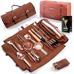 Maletin Barman Profesional Juego de Coctelera, Cocktail Set de 17 Piezas para Regalo, Barman Bartender Kit Bolsa de Bar Portátil con Correa para Bar en Casa, Fiestas, Viajes de Campamento (Oro rosa)