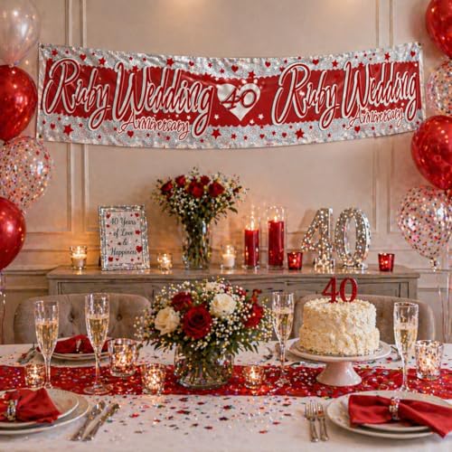 Ruby Wedding Banner 40th Party Decoration in Red & Silver with Hearts & Stars Large Party Supplies for Couples Ruby Wedding Celebration Extra Wide 40 years