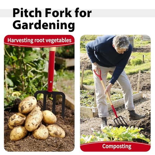 image for Dikuyeel Heavy Duty Garden Fork for Digging, 4 Tines Pitch Fork for Ga