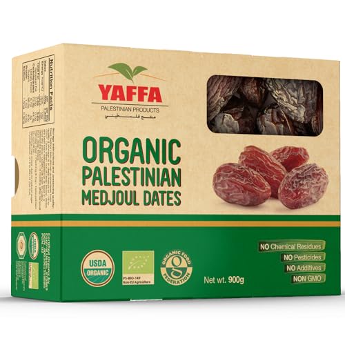 Yaffa Organic Medjool Dates (Box of 900g) - All Natural No Added Sugar Free from Additives Sustainably Grown and Hand-Picked Dried Fruit Palestinian Dates