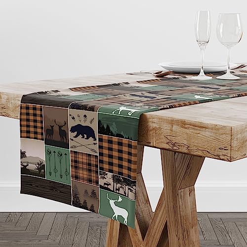 Image of Rustic Country Cabin Hunting Moose Table Runner,Retro Green Patchwork Bear Deer Hunting Wild Animal Plaid Checkered for Kitchen Dining Room 13x60 in