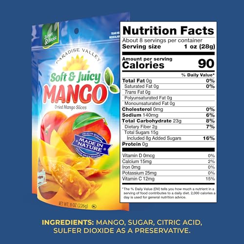 Dried Mango Slices - Delicious Texture Soft & Juicy Low Sugar Added Dried Mango - Naturally Ripened Mangos Dried Fruits - Gluten Free Dry Mangoes Natural Source of Vitamin C, Fiber, 16 oz (16 Single Pack)