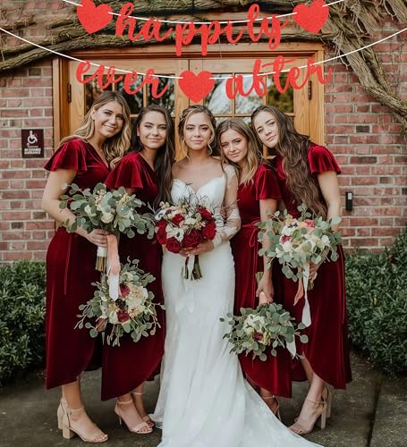Image of Pre-Strung Happily Ever After Banner - Red Glitter Bachelorette Bridal Engagement Party Decoration Supplies, Bachelorette Wedding Party Banner for Bridal Shower or Engagement Party Photo Booth Props