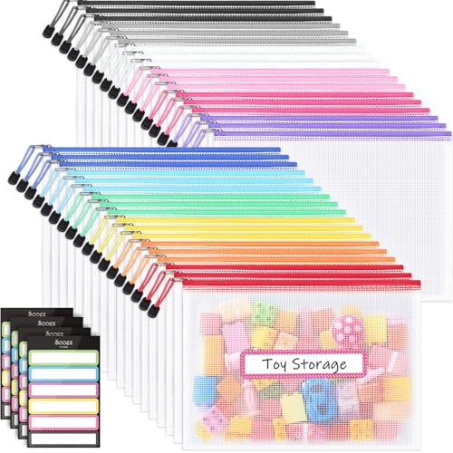 Image of Sooez 36 Pack Mesh Zipper Pouch with Sticky Labels, A4 Mesh Bags, Sturdy Letter Size File Folders Organizer, Office School Classroom Teacher Supplies, Toy Storage Bag Board Game Puzzles Organization