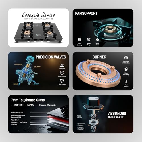 Image of Haute Essencia Series All Black 4 Burner Gas Stove | Manual Ignition | 7mm Toughened Glass | ABS Unbreakable Knobs | Doorstep Service | 7-Year Glass & 2-Year Manufacturing Warranty