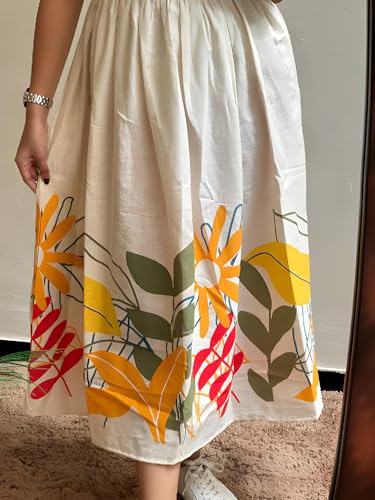 Image of Women's Pure Cotton Midi Dress - White with Orange & Red Leaf Print, Short Sleeves
