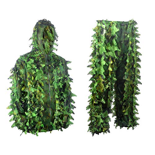 3D Leaf Ghillie Suit Ghillie Jackets and Pants Camouflage Clothing Hooded Hunting Suits for Children Youth Adult Airsoft Paintball Shooting Airsoft Wildlife Photography Halloween (Medium, Green)