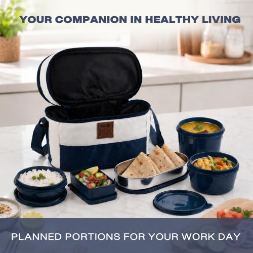Image of CELLO All Day Meal Lunch Box with Bag for Office Use Blue White | 550ml,375ml,225ml Microwave Safe Containers, 500ml + 300mlx2 Steel Containers, 175ml Salad Box with Spoon & Fork Tiffin Set for Travel