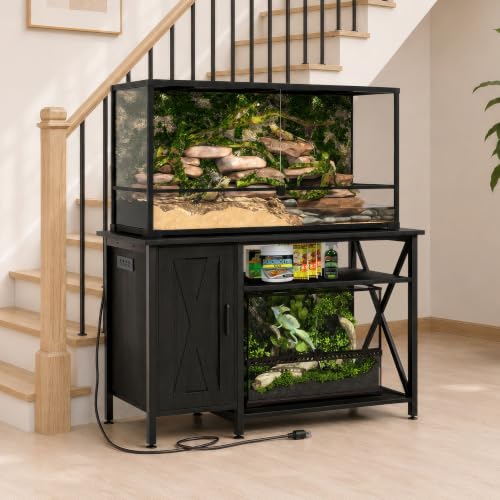 Herture 120 Gallon Reptile Tank Stand with Power Outlet, Terrarium Stand with Storage Cabinet, 48' X 24' Tabletop, Reptile Terrarium, Reptile Tanks Suitable for Snakes Lizard Black PG08XYB
