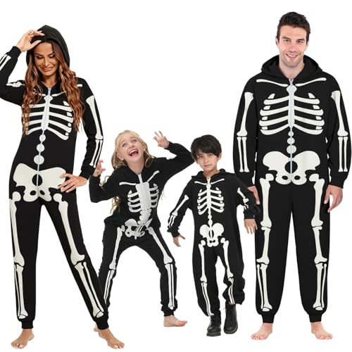 Matching Family Halloween Onesie Pajamas Glow in the Dark Skeleton Printed Jammies Holiday Sleepwear for Couples