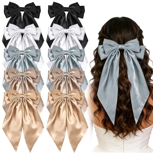 10 Pack Vintage Satin Hair Bows for Women & Girls - Large Hair Clips with Long Tails, Silky Ribbon Hair Accessories for Daily Wear & Festivals (Black+White+Beige)